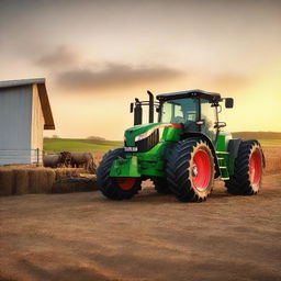 A Fendt tractor feeding cows at sunset