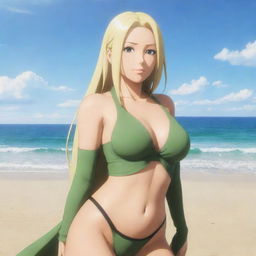 Tsunade Senju, a character from Naruto, enjoying a day on a sunlit beach, with the shimmering sea in the background