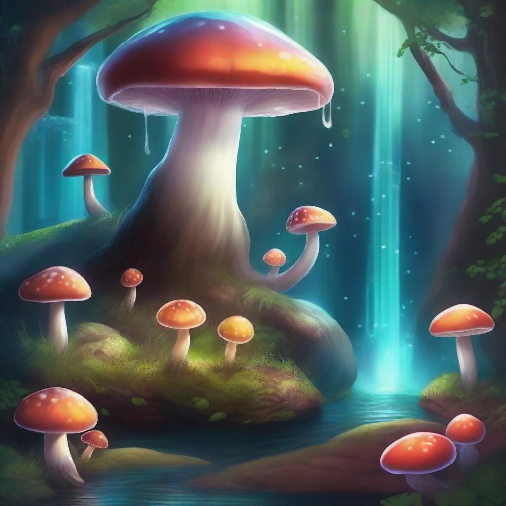 Create a whimsical and enchanting scene featuring a mystical forest with glowing mushrooms, magical creatures, and a serene waterfall