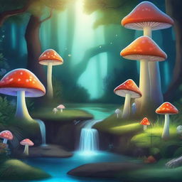 Create a whimsical and enchanting scene featuring a mystical forest with glowing mushrooms, magical creatures, and a serene waterfall