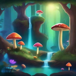 Create a whimsical and enchanting scene featuring a mystical forest with glowing mushrooms, magical creatures, and a serene waterfall