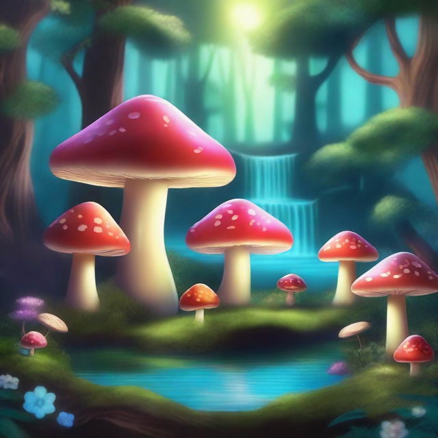 Create a whimsical and enchanting scene featuring a mystical forest with glowing mushrooms, magical creatures, and a serene waterfall