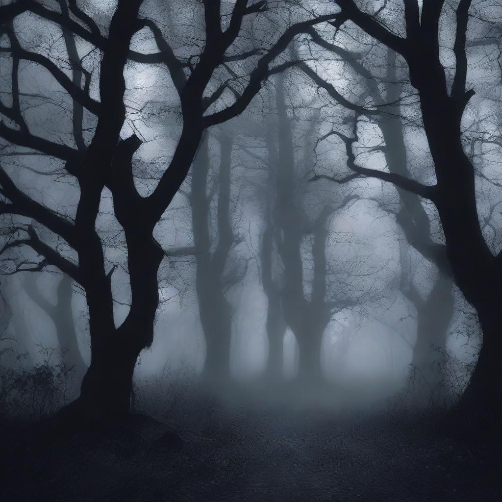 A dark and scary forest with tall, twisted trees and thick underbrush