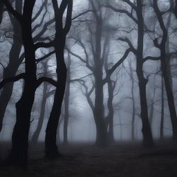 A dark and scary forest with tall, twisted trees and thick underbrush