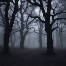 A dark and scary forest with tall, twisted trees and thick underbrush