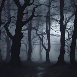 A dark and scary forest with tall, twisted trees and thick underbrush