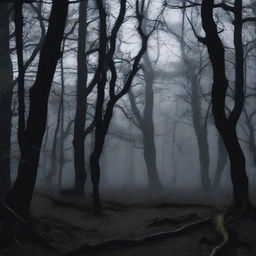 A dark and scary woods scene with tall, twisted trees and dense undergrowth