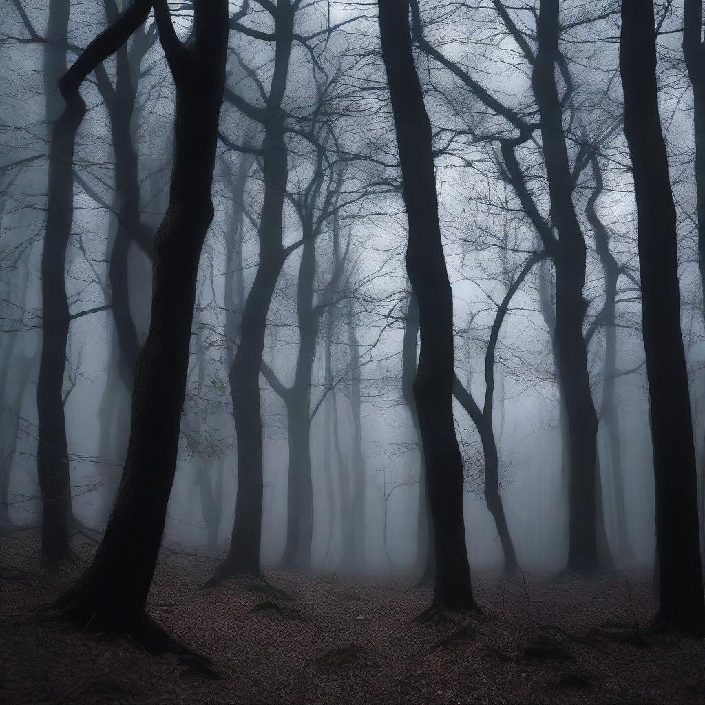 A dark and scary woods scene with tall, twisted trees and dense undergrowth