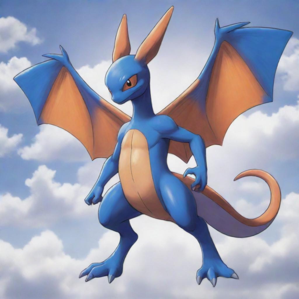 An sketch of a unique Pokemon hybrid with the body of Greninja, wings of Charizard, and face of Mewtwo, with the character Ash Ketchum mounted on its back, soaring elegantly in the sky.