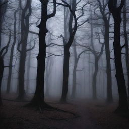 A dark and scary woods scene with tall, twisted trees and dense undergrowth