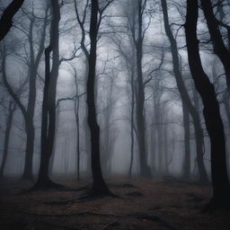 A dark and scary woods scene with tall, twisted trees and dense undergrowth