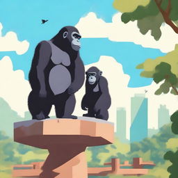 A scene featuring two apes standing on top of a zoo's roof with more apes visible behind them