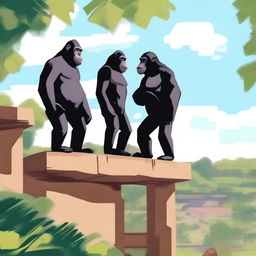 A scene featuring two apes standing on top of a zoo's roof with more apes visible behind them