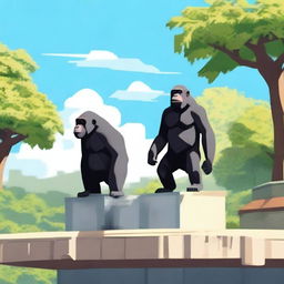 A scene featuring two apes standing on top of a zoo's roof with more apes visible behind them