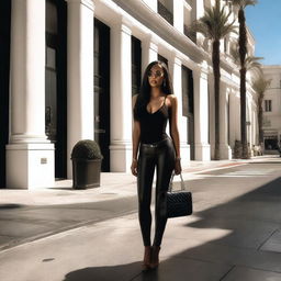 A young black woman standing on Rodeo Drive in Beverly Hills, dressed stylishly