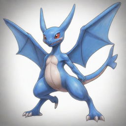 An sketch of a unique Pokemon hybrid with the body of Greninja, wings of Charizard, and face of Mewtwo, with the character Ash Ketchum mounted on its back, soaring elegantly in the sky.