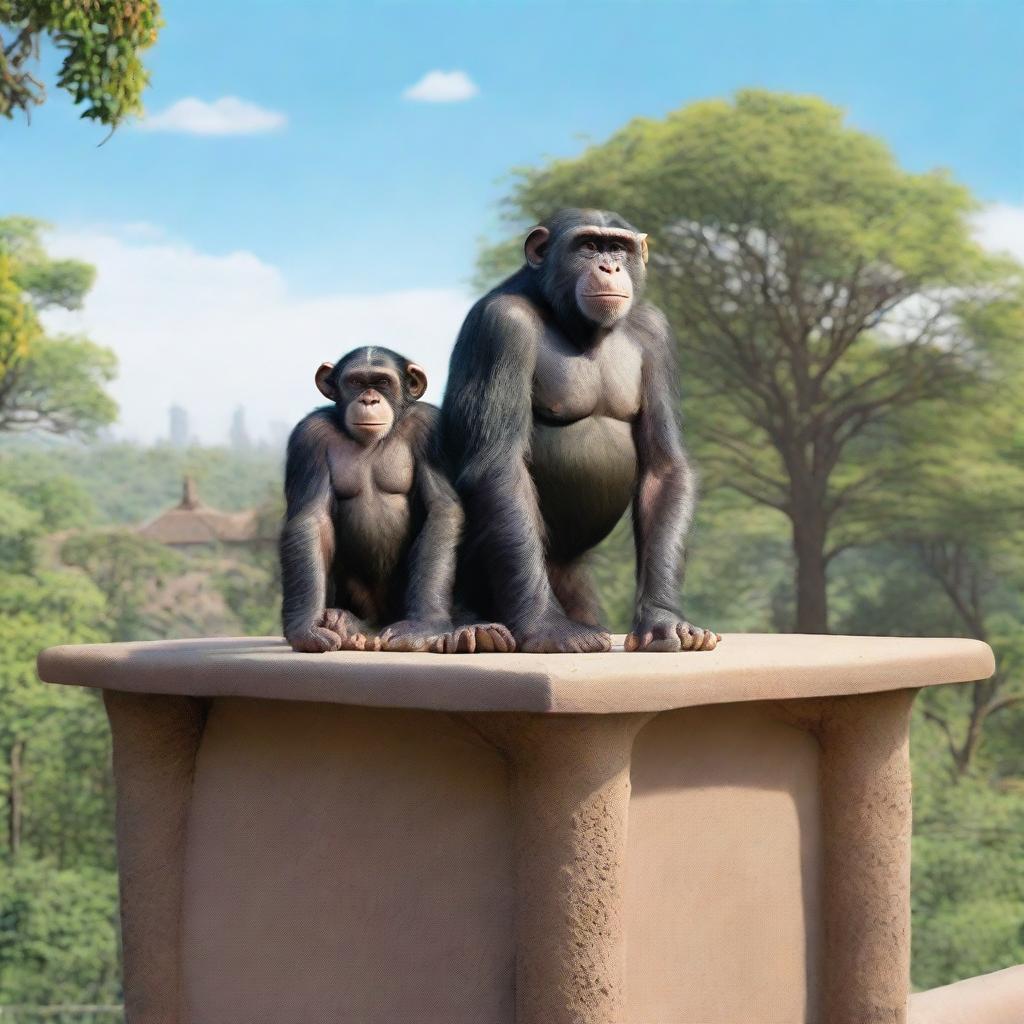 A highly realistic scene featuring two chimpanzees standing on top of a zoo's roof with more chimpanzees visible behind them