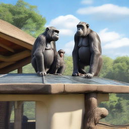 A highly realistic scene featuring two chimpanzees standing on top of a zoo's roof with more chimpanzees visible behind them