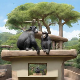 A highly realistic scene featuring two chimpanzees standing on top of a zoo's roof with more chimpanzees visible behind them