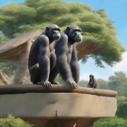 A highly realistic scene featuring two chimpanzees standing on top of a zoo's roof with more chimpanzees visible behind them