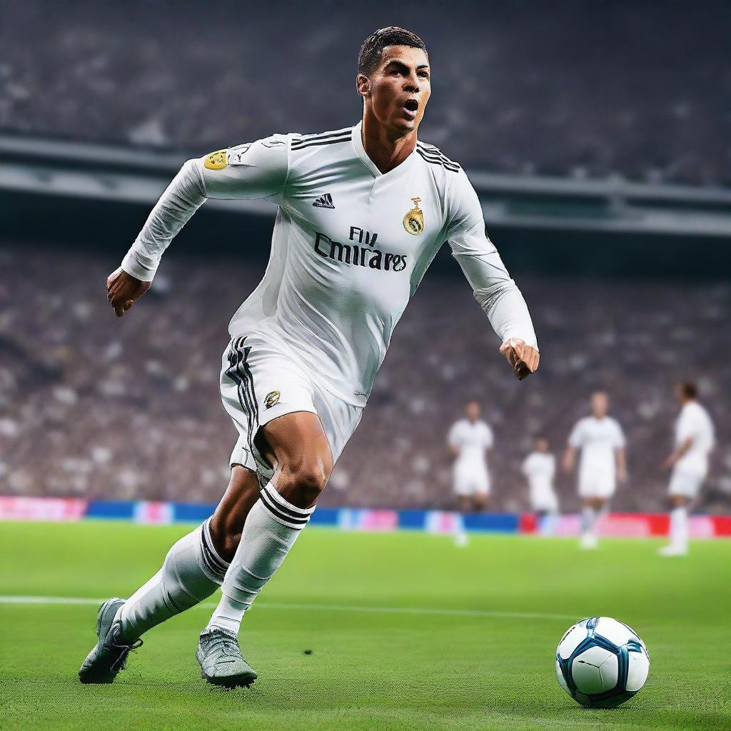 Create a dynamic and action-packed image of Cristiano Ronaldo in the middle of a soccer match, showcasing his incredible skills and athleticism