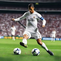 Create a dynamic and action-packed image of Cristiano Ronaldo in the middle of a soccer match, showcasing his incredible skills and athleticism