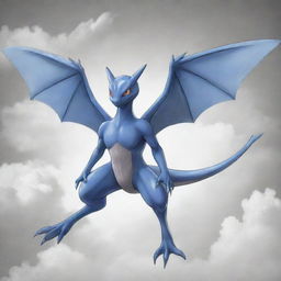 An sketch of a unique Pokemon hybrid with the body of Greninja, wings of Charizard, and face of Mewtwo, with the character Ash Ketchum mounted on its back, soaring elegantly in the sky.