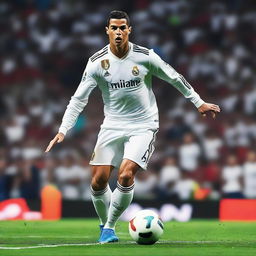 Create a dynamic and action-packed image of Cristiano Ronaldo in the middle of a soccer match, showcasing his incredible skills and athleticism