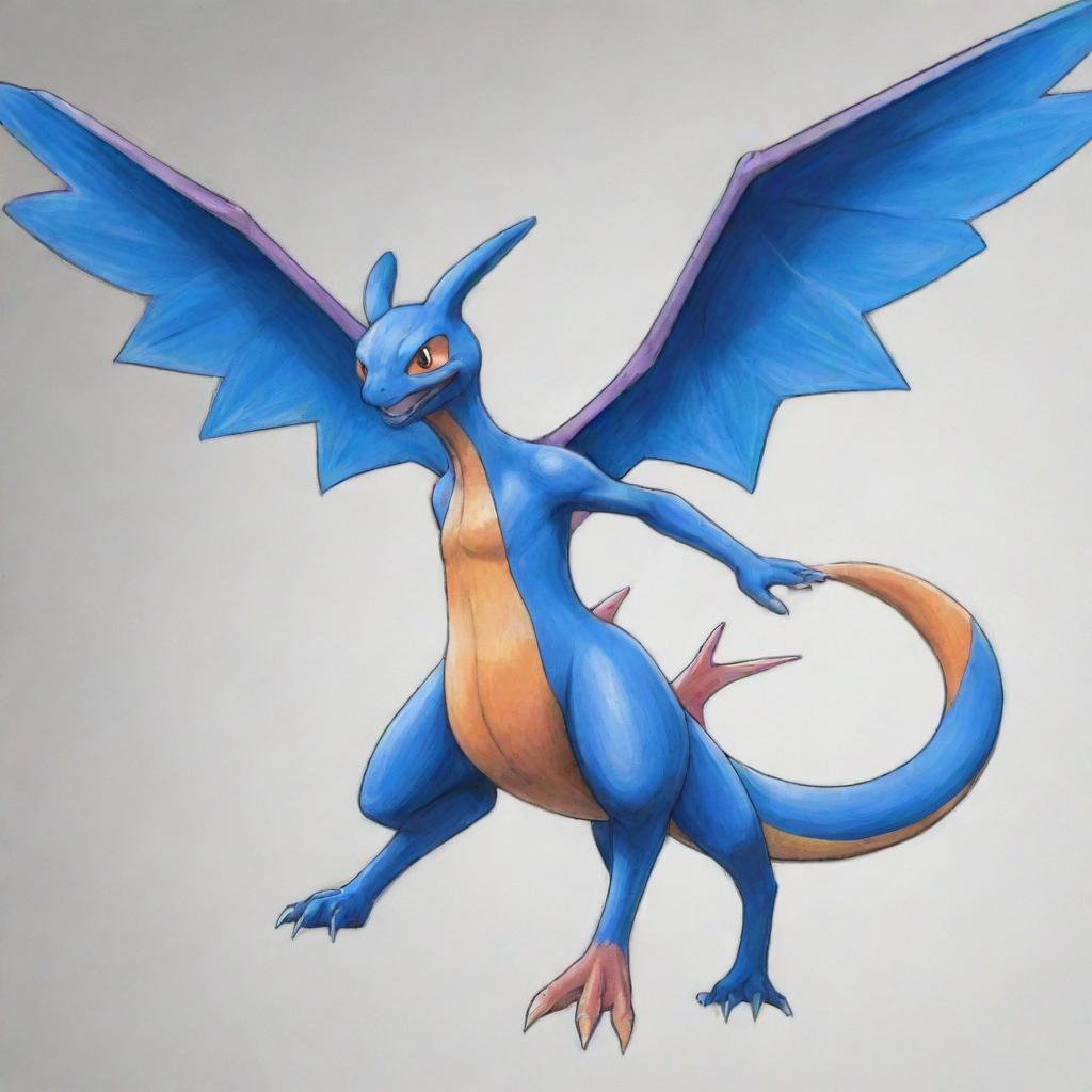 An sketch of a unique Pokemon hybrid with the body of Greninja, wings of Charizard, and face of Mewtwo, with the character Ash Ketchum mounted on its back, soaring elegantly in the sky.