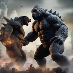 Create an epic and intense battle scene featuring Godzilla and King Kong clashing in a city