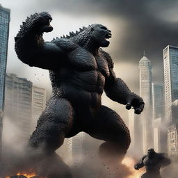 Create an epic and intense battle scene featuring Godzilla and King Kong clashing in a city