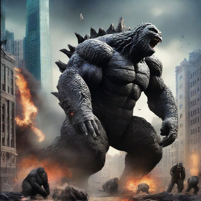 Create an epic and intense battle scene featuring Godzilla and King Kong clashing in a city