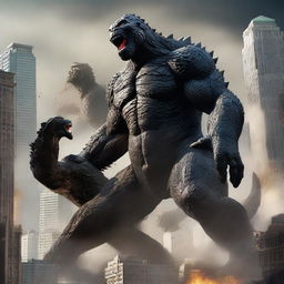 Create an epic and intense battle scene featuring Godzilla and King Kong clashing in a city