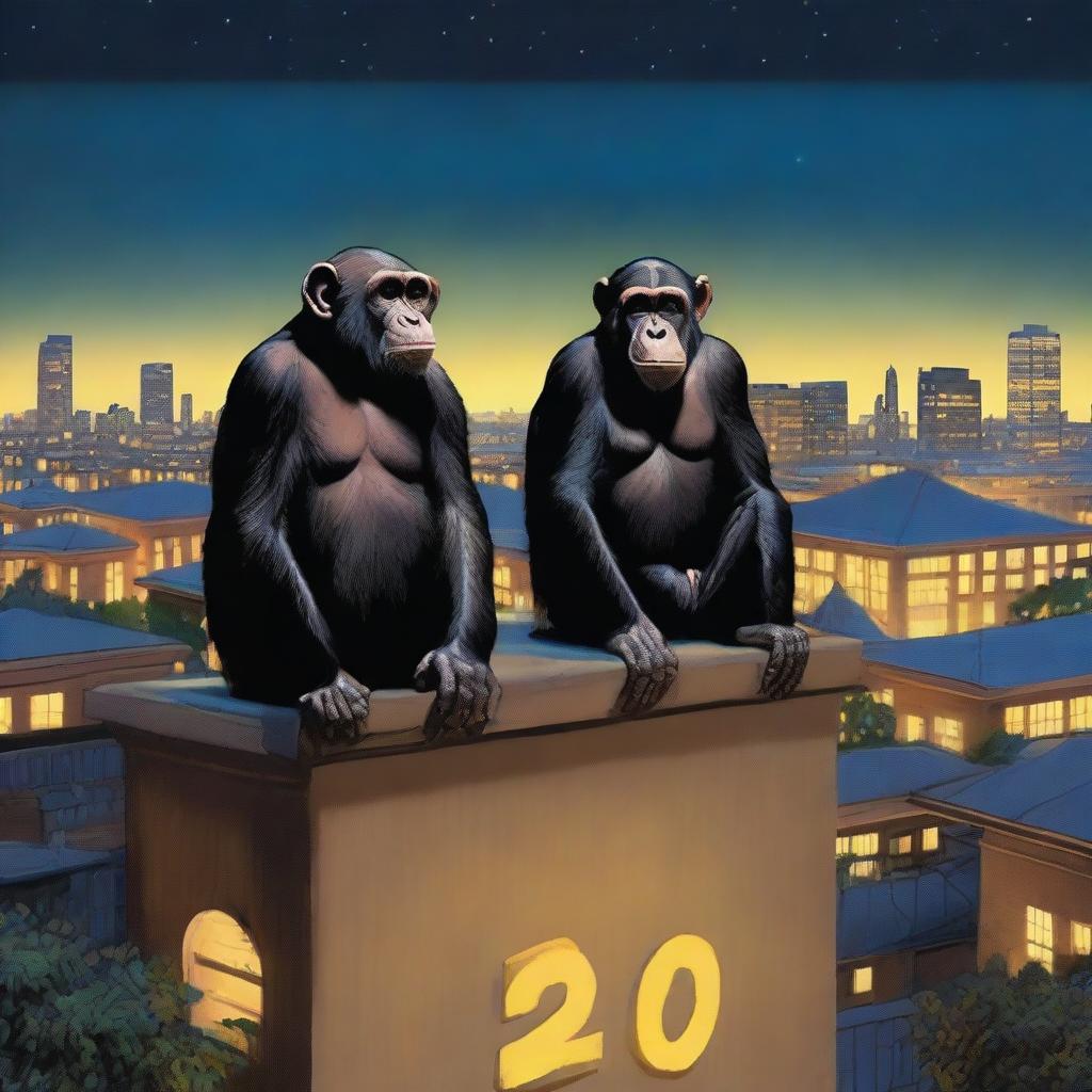 A highly realistic scene featuring two chimpanzees standing on top of a zoo's roof at night, with more chimpanzees visible behind them