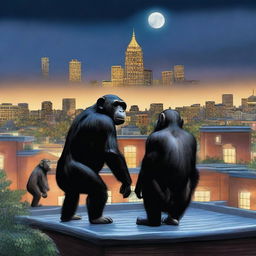 A highly realistic scene featuring two chimpanzees standing on top of a zoo's roof at night, with more chimpanzees visible behind them