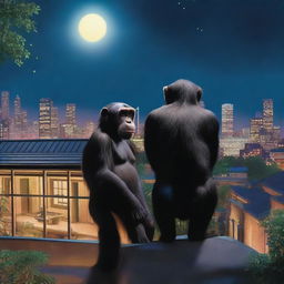 A highly realistic scene featuring two chimpanzees standing on top of a zoo's roof at night, with more chimpanzees visible behind them