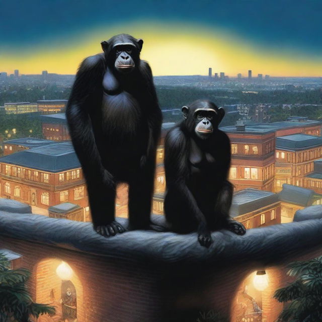 A highly realistic scene featuring two chimpanzees standing on top of a zoo's roof at night, with more chimpanzees visible behind them