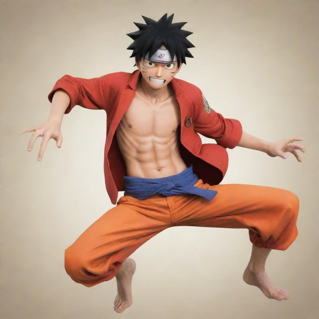 Naruto Uzumaki wearing Monkey D. Luffy's signature outfit from One Piece in a heroic pose