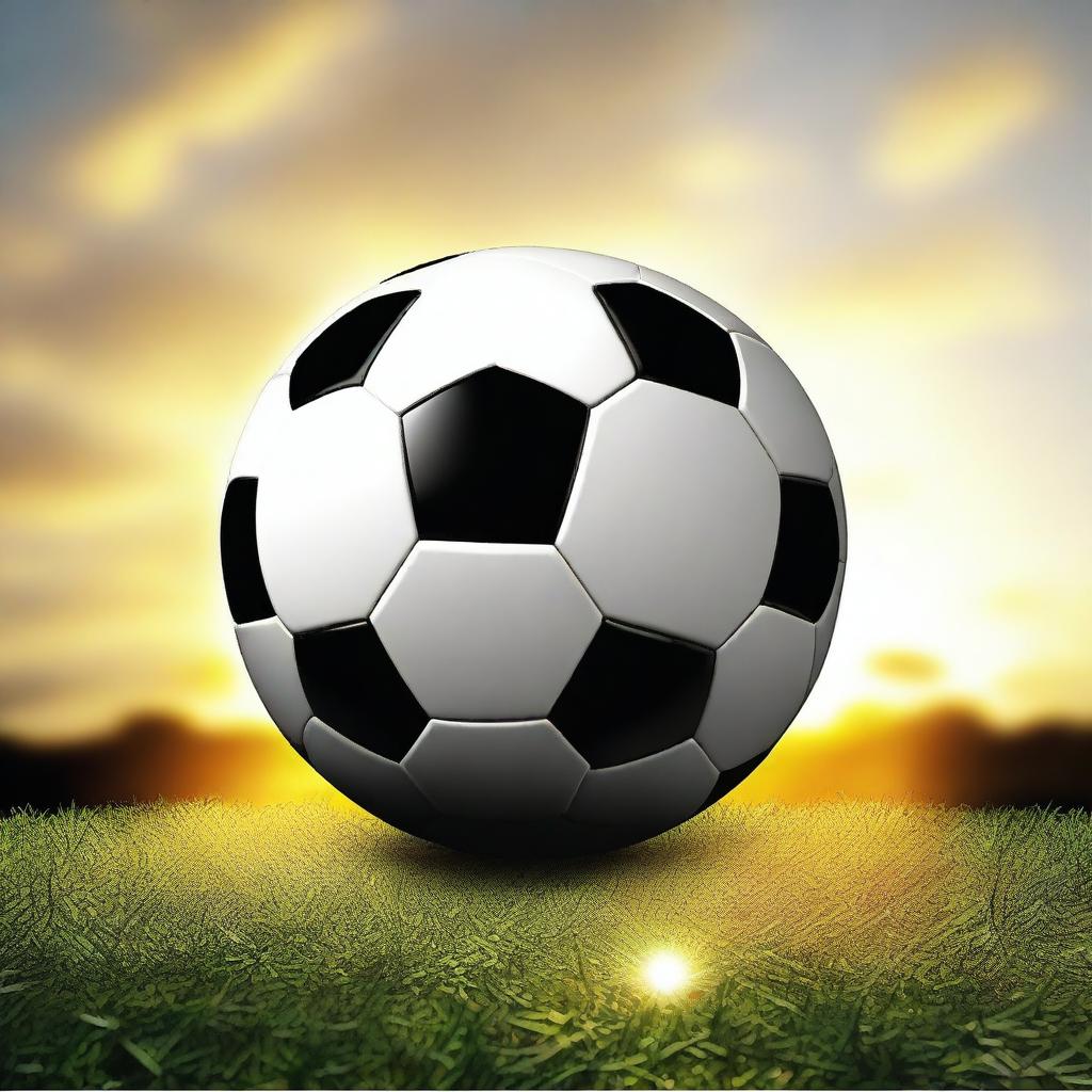 Create a detailed image of a soccer ball with the sun setting behind it