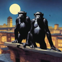 A highly realistic scene featuring two angry chimpanzees standing on top of a zoo's roof at night, with more chimpanzees visible behind them