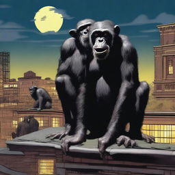 A highly realistic scene featuring two angry chimpanzees standing on top of a zoo's roof at night, with more chimpanzees visible behind them