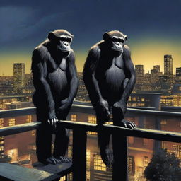 A highly realistic scene featuring two angry chimpanzees standing on top of a zoo's roof at night, with more chimpanzees visible behind them