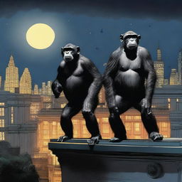 A highly realistic scene featuring two angry chimpanzees standing on top of a zoo's roof at night, with more chimpanzees visible behind them