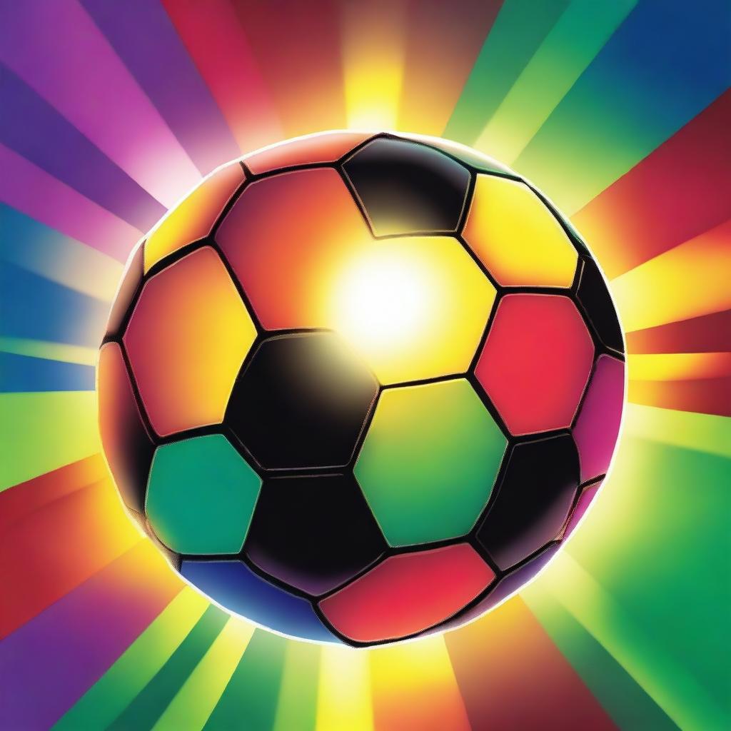 Create a detailed image of a colorful soccer ball with the sun setting behind it