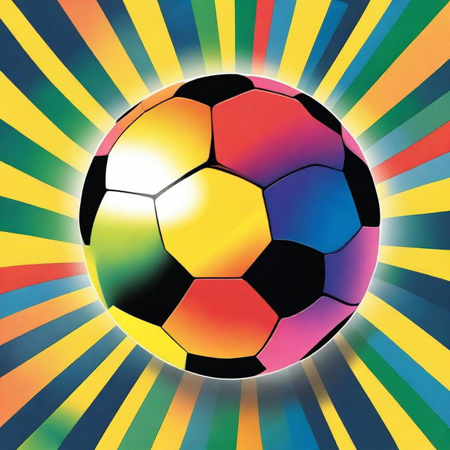 Create a detailed image of a colorful soccer ball with the sun setting behind it