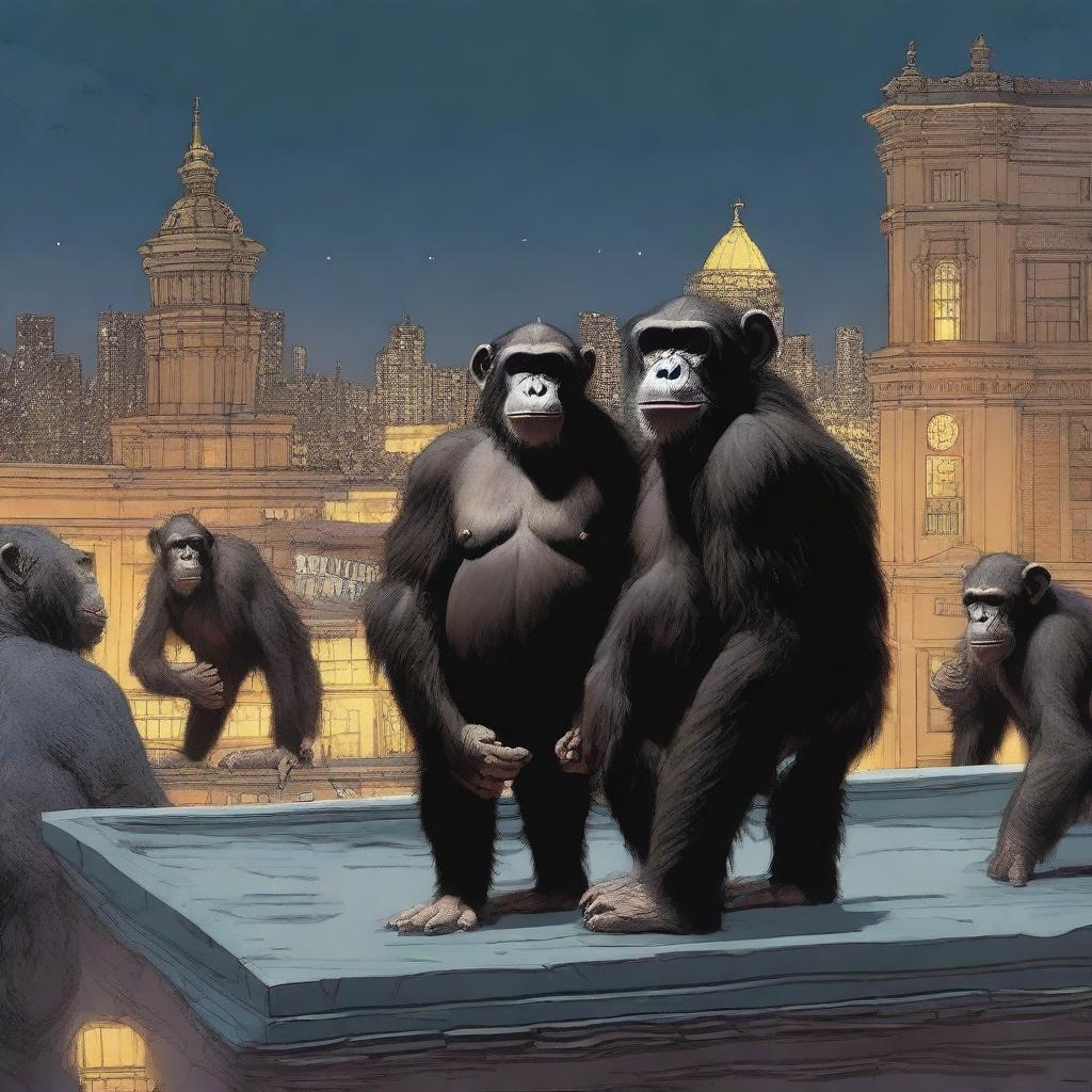 A highly realistic scene featuring two angry chimpanzees standing on top of a zoo's roof at night, with a crowd of chimpanzees visible behind them