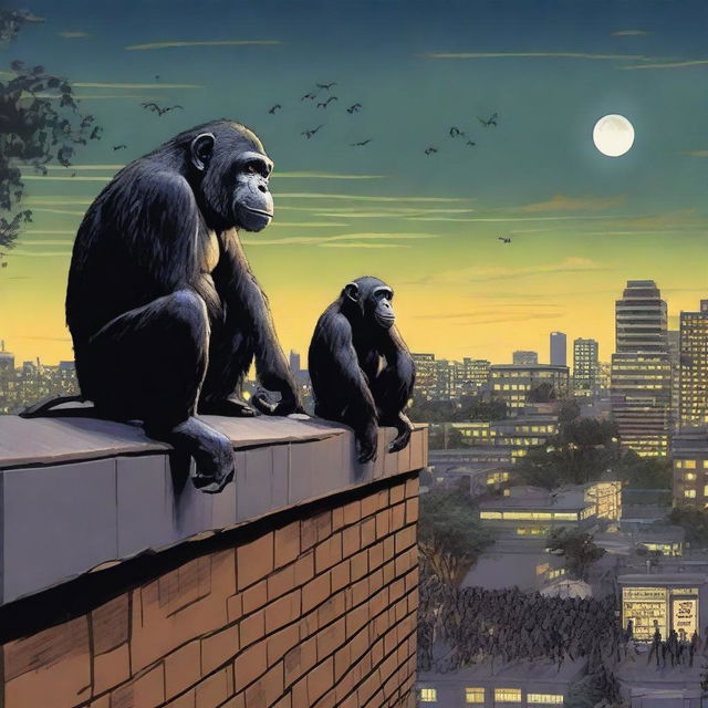 A highly realistic scene featuring two angry chimpanzees standing on top of a zoo's roof at night, with a crowd of chimpanzees visible behind them