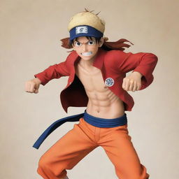 Naruto Uzumaki wearing Monkey D. Luffy's signature outfit from One Piece in a heroic pose