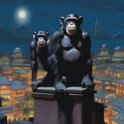 A highly realistic scene featuring two angry chimpanzees standing on top of a zoo's roof at night, with a crowd of chimpanzees visible behind them