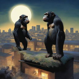 A highly realistic scene featuring two angry chimpanzees standing on top of a zoo's roof at night, with a crowd of chimpanzees visible behind them